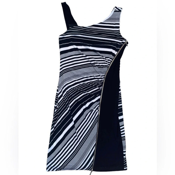 Joseph Ribkoff Striped Dress Asymmetrical Straps Black White Side Zip Size 6 - Picture 5 of 5